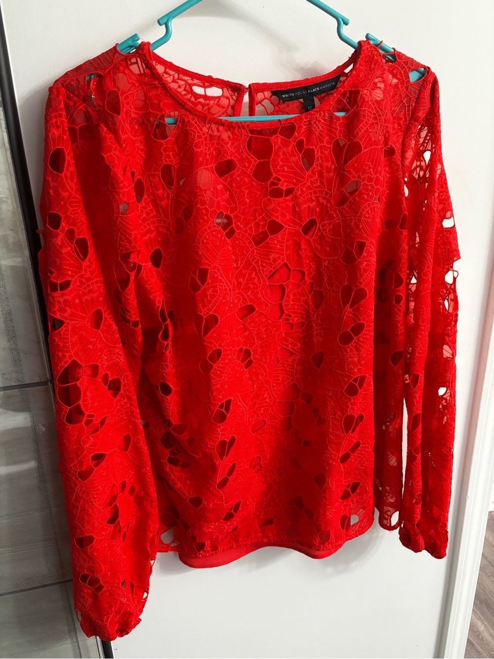 White House Black Market Pink Lace Cutout Long Sleeve Top